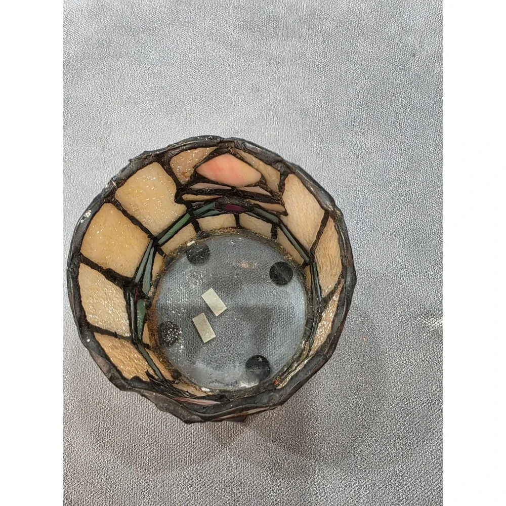 Vintage Stained Glass Votive Candle Holder Slag Glass Mission Style Cream Pink